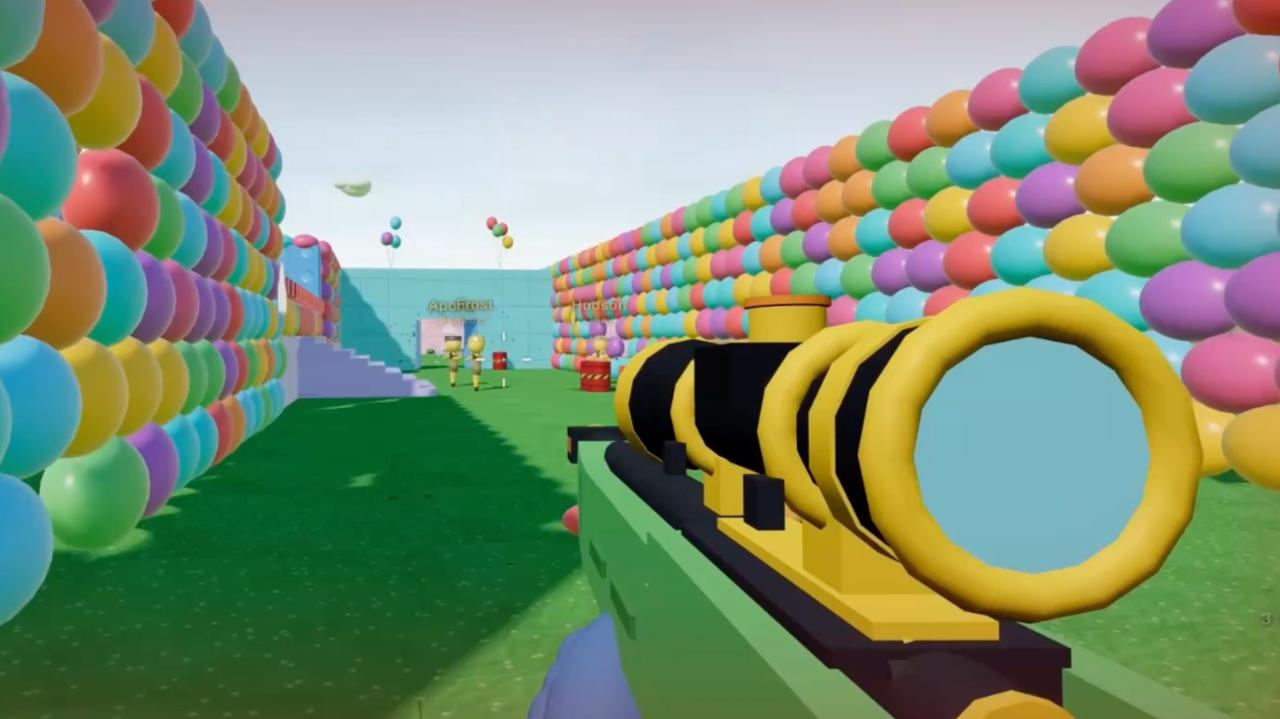 First-person balloon-shooter arena — generated by Kimi K3